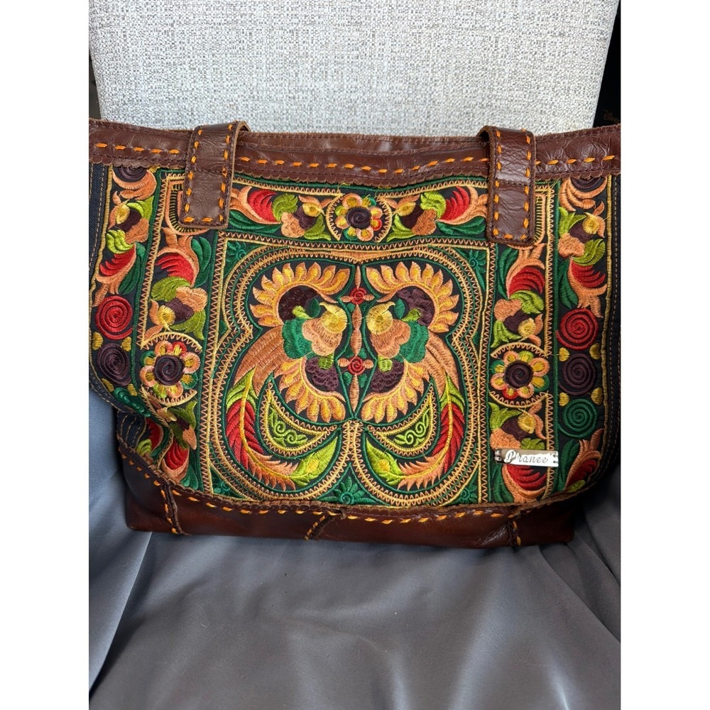 Pranee Thailand Embroidered Leather Tote Bag Boho Hmong Style Floral Shoulder